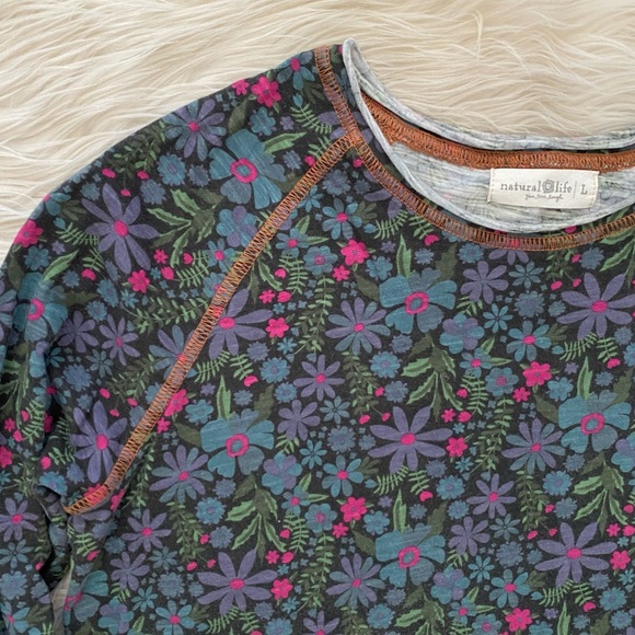 Natural Life Lily Cotton Long Sleeve Tee Shirt Blue Pink Floral Lettuce Hem - Picture 3 of 11